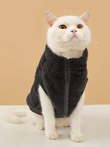 1pc Black Fleece Vest Pet Clothes, Suitable For Cats And Dogs, Autumn/Winter - Black - View 1