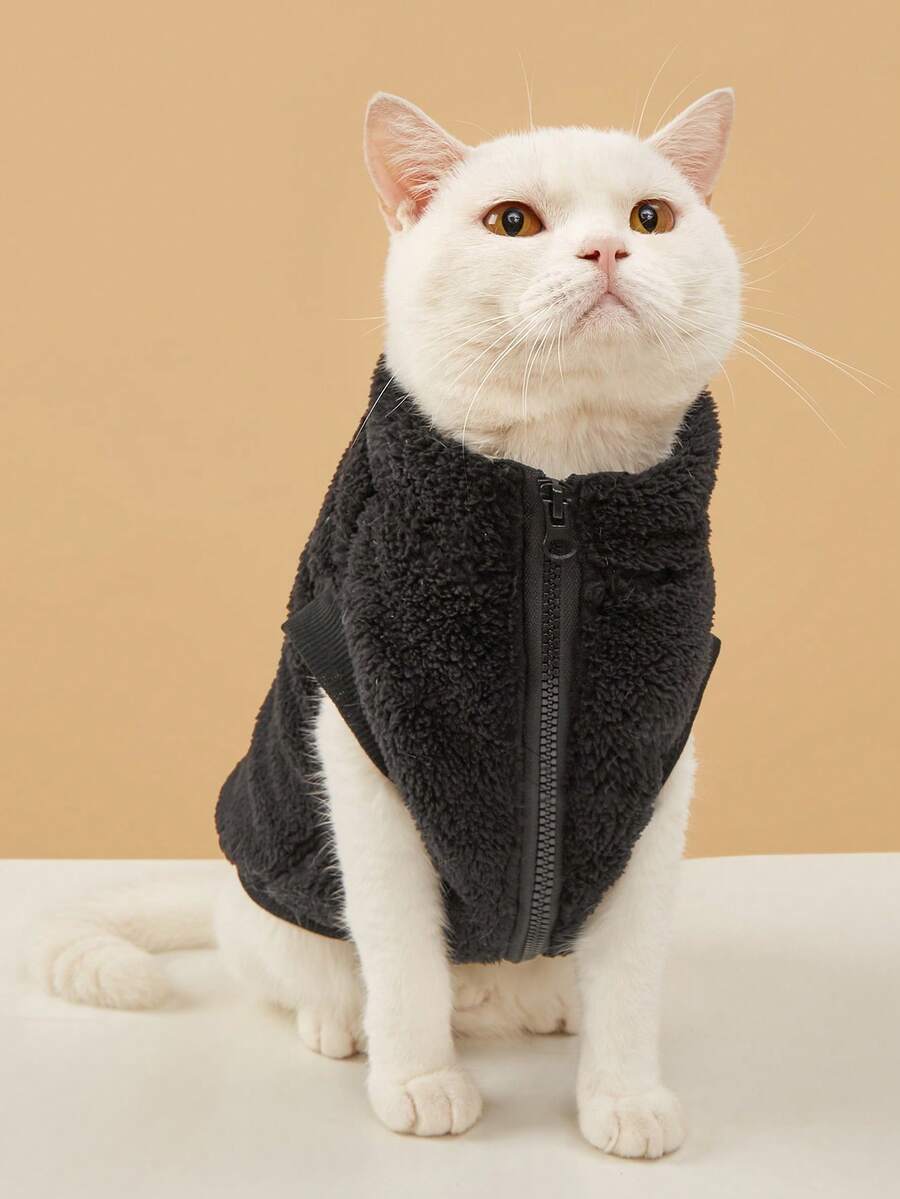 1pc Black Fleece Vest Pet Clothes, Suitable For Cats And Dogs, Autumn/Winter - Black - View 1