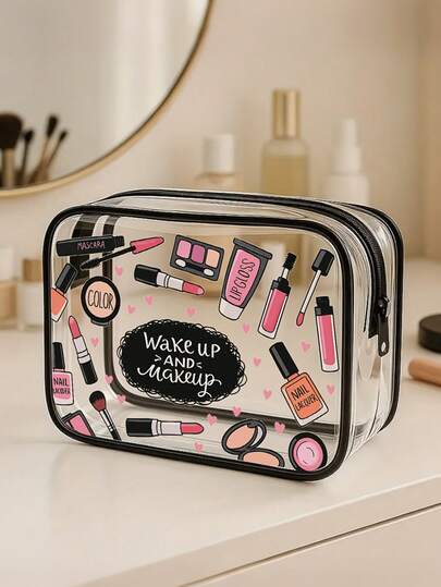 Women's Transparent Cosmetic Organizer Bag, Zipper Closure - Clear Makeup Storage Box, Travel Toiletry Bag, Includes Facial And Body Care Products