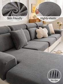 1pc Plaid Pattern Flannel Beige Sofa Cover, Full Coverage New Model Sofa Slipcover For All Seasons, Anti-Scratch & Anti-Slip Elastic Seat Cushion, Fits 1/2/3/4 Seater Sofa - Southern Language - Dark Gray - View 1