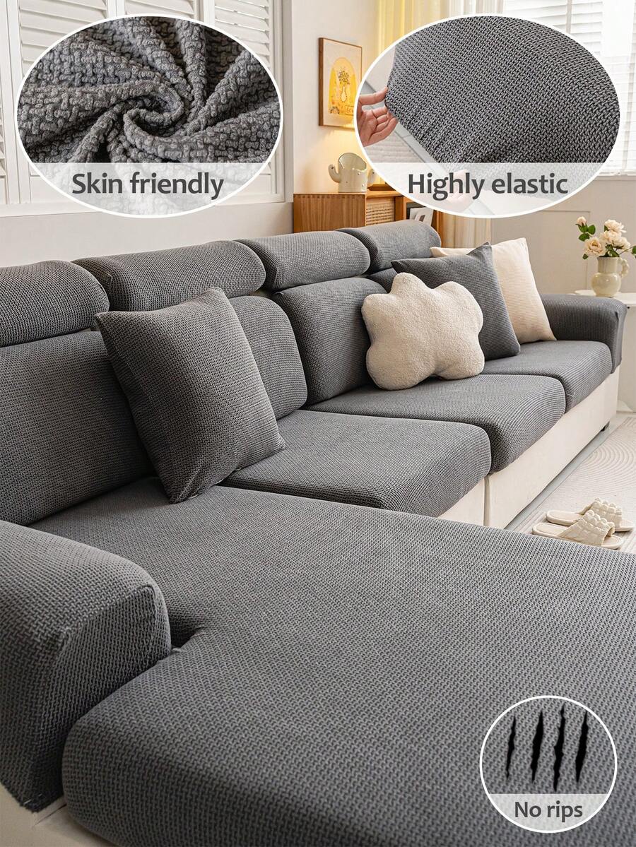 1pc Plaid Pattern Flannel Beige Sofa Cover, Full Coverage New Model Sofa Slipcover For All Seasons, Anti-Scratch & Anti-Slip Elastic Seat Cushion, Fits 1/2/3/4 Seater Sofa - Southern Language - Dark Gray - View 1