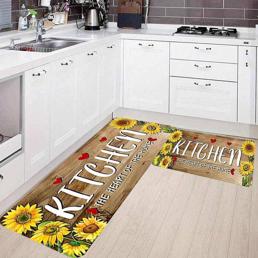 0.47inch Thick Premium Flannel 1pc, Wood Grain Heart And Sunflower Pattern Soft Kitchen Mat Entrance Mat Absorbent Long Strip Floor Mats For Home Bathroom Toilet Non-Slip Foot Pad Bedroom Sofa Mat - 白色 - 查看 1
