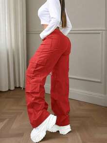 Red Multi-Pocket Buttoned Casual Y2K Elegant And Cute Lightweight Work Pants. Suitable For Back-To-School, Graduation, Clubs, Birthday Parties, Halloween, New Year, Thanksgiving, Concerts, Gyms, Beaches, Vacations, Business, Daily Going Out, Sports, Airport Wear, Street Style, Teacher's Day, Spring, Summer, Autumn And Winter. - Red - View 7