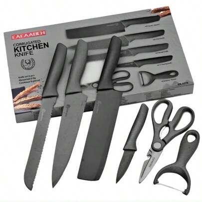 Juego De Cuchillos De Cocina Pelador + Tijeras Set 6 Piezas Negro