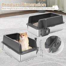 Paquete de 2 cajas de arena de acero inoxidable con tapa bandeja grande para gatos grandes 24 pulgadas de largo x 16 pulgadas de ancho x 9.8 pulgadas de alto caja de arena de metal de lados altos - Gris - Ver 7