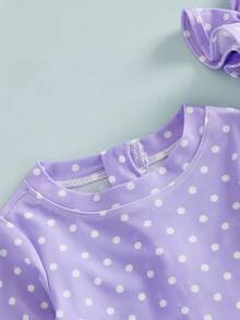 Baby Girl Polka Dot Long Sleeve Rash Guard Swimsuit Set Ruffle One Piece Bathing Suit Bow Swim Cap Infant Beach 2Piece Set - Purple - View 5