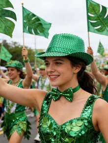 两件套圣帕特里克节绿色服装套装，包括闪亮亮片领结和帽子，男女通用，适合圣帕特里克节派对，复古迪斯科风格男女通用服装帽，派对用品 - 彩色 - 查看 3