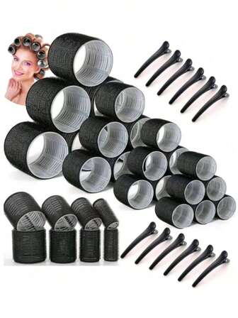 18 st/set stora hårrullar med klämmor, självhäftande hårrullar lämpliga för långt/medel/kort hår och lugg, gör-det-själv-lockverktyg (inkluderar 6 st 4 cm lockar + 6 st 3 cm lockar + hårspännen), värmefria hårrullar, hårstylingprodukter och tillbehör, oumbärliga för salong, skönhet, resor