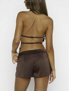 Women 2 Piece Satin Set Y2k Halter Mock Neck Backless Tank Top Low Waist Mini Shorts Set Nightout Party Clubwear - 咖啡色 - 查看 4