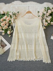 Loose Knit Hollow Out Off Shoulder Crop Top, Cinched Waist, Mid-Length, Lightweight, See-Through, Sun Protection, Spring/Summer - Apricot - View 7