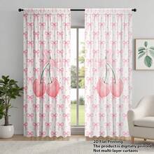2pcs Watercolor Pink Cherry + Pink Bow Decor Curtain, Sweet Cherry Blossom & Bow Theme, Polyester Fabric, Suitable For Rental House, Living Room, Bedroom, Removable & Washable - Multicolor - View 4