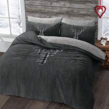 Teddy Fleece Stag Head Duvet Cover Set - Soft Cosy Warm Pillowcase Bedding Set - Charcoal / Grey Check - View 6