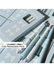 4pcs Cute Retractable Bow Gel Pens, 0.5mm Fine Tip, Smooth Writing, Black Ink, Suitable For Office, School, Cartoon Style, Blue Color (Blue); Beaded Pen; Engraved Ballpoint Pen With Crystal And Diamond Decor; Fun Work Pen; Aesthetic Pen; Exam Pen; Quick-Drying Durable Click Pen, Bulk Order - Black - View 7