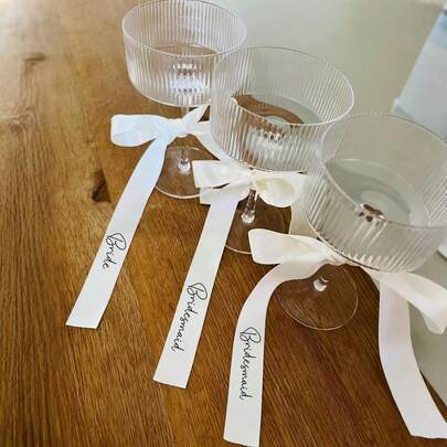 7pcs/Set, 1pc Bride And 6pcs Bridesmaid Decorative Ribbons, White Champagne & Wine Glass Decoration Ribbons For Wedding Favors, Bachelorette Party, Bridal Showers, Anniversaries Wedding Decorations, Wrist Decoration, DIY Bow Decoration