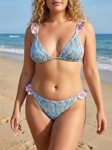 Sultry Sol Plus Size Women Ditsy Floral 2pcs Bikini Set - Baby Blue - View 1