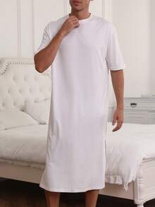 Pijama ligero de una sola pieza de manga corta y color bliso sólido para hombres, primavera/verano - Blanco - Ver 3