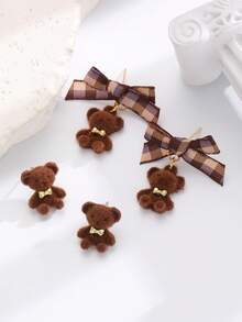 1 Pair Cute Plush Brown Bear Bow Stud Earrings, Fashion Sweet Versatile Casual Design Jewelry For Women, Suitable For Daily, Party, Date, Birthday, Perfect Gift For Friends - Multicolor - View 1