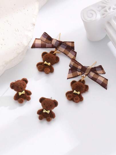 1 Pair Cute Plush Brown Bear Bow Stud Earrings, Fashion Sweet Versatile Casual Design Jewelry For Women, Suitable For Daily, Party, Date, Birthday, Perfect Gift For Friends