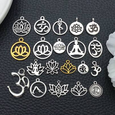 20件莲花吊坠套装，散装莲花圆形轮廓睡莲瑜伽冥想脉轮吊坠金属配件，适用于项链和手链珠宝制作