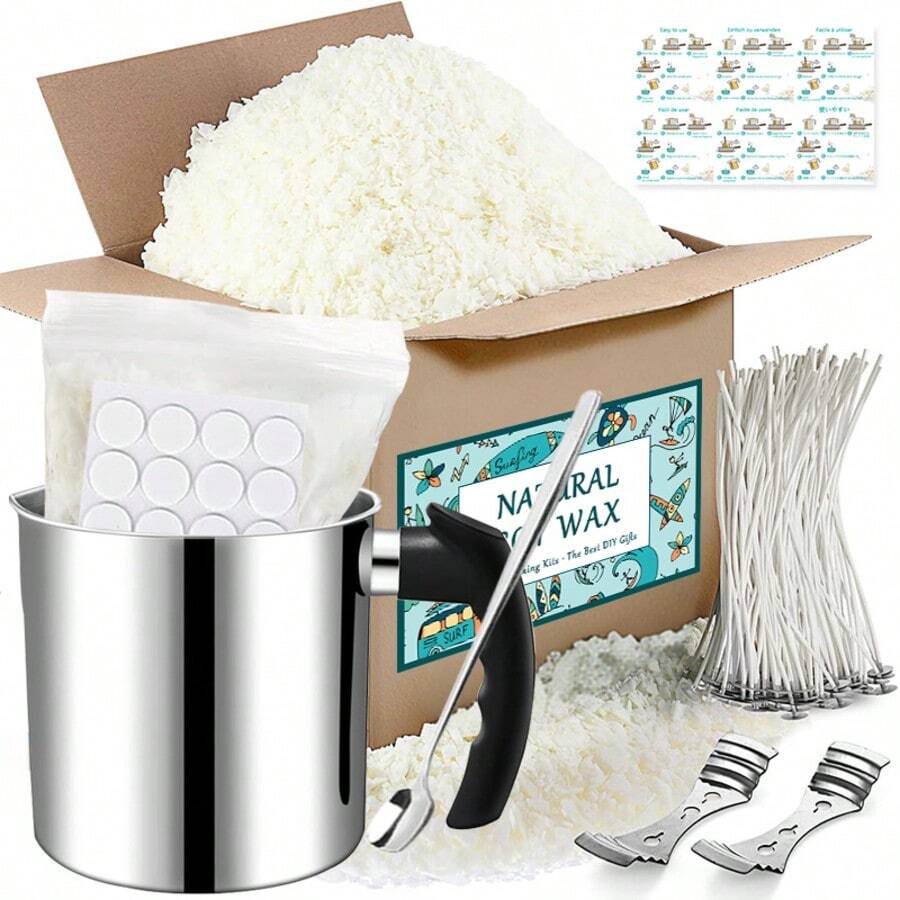 1300ml Wax Melting Pot And Handmade Raw Materials Wax Base + Wick + Wick Holder, Stickers And Spoon, Complete Beginner Wax Making Starter Kit For Adults