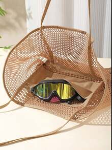 Große faltbare Mesh-Strandtasche, Damen Schultertasche, Mesh-Strandtasche mit Taschen zum Tragen von Bademode, Toilettenartikeln, Strandaccessoires - Verschiedenfarbig - Übersicht 4