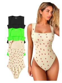 OQQ 3 Piece Bodysuits For Women Sexy Ribbed Strappy Square Neck Stretch Tank Tops Bodysuits - 黑,櫻桃米,螢光綠 - 查看 1