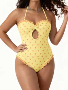 Women's Halter Neck Monokini Swimsuits Fashionable Dot Print Sleeveless Ruffle Bathing Suit - Pale Yellow - View 6
