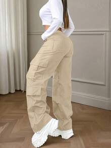 Pantalon de loisirs élégant et mignon Y2K à boutons et à poches multiples de couleur unie. Convient pour la rentrée scolaire, les clubs, les anniversaires, Halloween, le Nouvel An, Thanksgiving, les concerts, les salles de sport, les plages, les vacances, les affaires, les tenues quotidiennes d'aéroport, le style de rue, la Fête des enseignants, le printemps, l'été, l'automne et l'hiver. - Abricot jaune - Voir 7