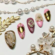 10pcs Handmade Press On False Nails Medium Almond Pink Nude 3D Gold Metallic Pearl Rhinestone Star Nail Charms Romantic Princess Royalcore Style Wedding Date Tea Party Daily Wear Unas Postizas - Hồng - Xem 11