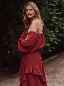 Women's Fall Ruched Dress Elegant Solid Color Long Sleeve Scoop Neck Loose Fit Dress For Daily Event Wear - Red - View 10