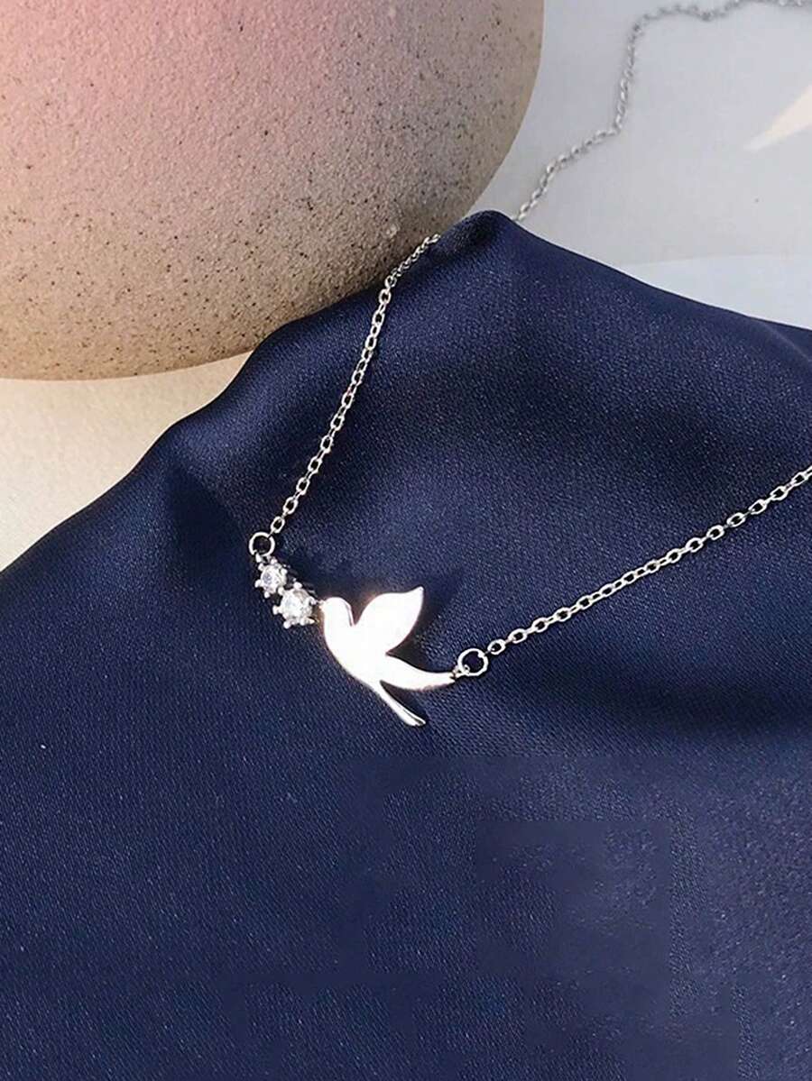 1 pieza Collar con colgante de rhinestone minimalista y elegante, diseño delicado y elegante, adecuado para uso diario y de fiesta de las mujeres - Palomas blancas - Ver 1