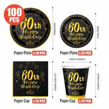 60th Birthday Black & Gold Disposable Plates, Napkins, Cups, 25 Guests Party Supplies Set, Suitable For Birthday, Wedding, Theme Party, Family Picnic - Multicolor - View 2