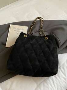 Large Capacity Fashion Tote Bag, Padded, Embroidered Quilted, Soft, Winter Chain Strap Shoulder Crossbody Bag For Women