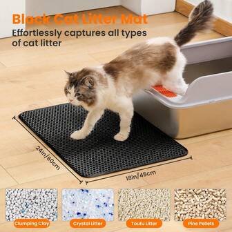 1 pieza Alfombra para arena de gato, capa posterior impermeable y a prueba de fugas, alfombra con panal para atrapar, lavable, fácil de limpiar, control de dispersión de arena para gatos, color negro