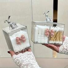 1pc Transparent Dual-Compartment Makeup Organizer With Rabbit Bow Lid - Aesthetic Vanity Tidy Holder For Cotton Swabs And Pads - Elegant Plastic Bathroom Countertop Cosmetic Jar - Multicolor - View 1