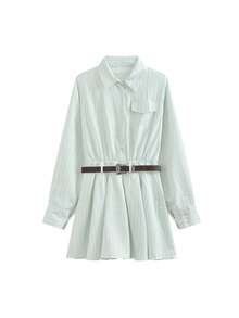 长袖条纹衬衫裙，优雅女装，春夏款 - 薄荷綠 - 查看 6