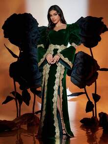 Damen Langes Glockenärmel Einfarbiges Kleid im Arabischen Stil, geeignet für Feiertage, Hochzeiten, Dates, formelle Anlässe, alle Jahreszeiten Frühling - Grün - Übersicht 2