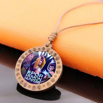 1pc K-POP Witch Hunting Girl Group Wooden Pendant Necklace, Cartoon Anime Retro Sweater Chain Jewelry
