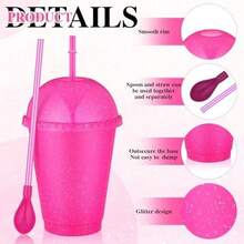 6 Set Slushie Cups With Dome Lids And Straws Detachable Spoon Straws Reusable Plastic Iced Coffee Cups Smoothie Tumbler For Birthdays Summer Party Supplies(Pink,16 Oz) - Rose Red-16 oz - 查看 3