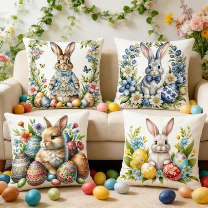 1pc/4pcs 45x45cm Spring Easter Sofa Throw Pillow Cover, High Definition Polyester Easter Print Pillow Sham, Happy Easter, Rabbit And Egg Home Living Room Decor, Bedroom Decor, Sofa Decor (Pillow Insert Not Included)