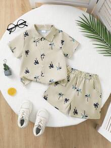 Boys Palm Tree Print Shirt & Shorts - Apricot - View 1