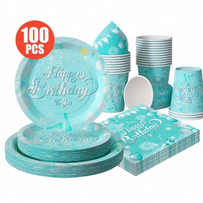 绿色和银色气球“生日快乐”一次性餐盘、餐巾纸、纸杯套装 - 25人份派对用品套装，一次性纸盘，派对餐具，适用于生日、婚礼、主题派对、家庭野餐