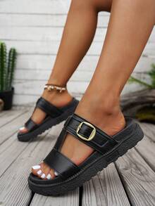Nuevas sandalias de cuña con hebilla metálica decorativa, cómodas y antideslizantes, versátiles y fáciles de limpiar, adecuadas para la playa y el uso diario - Negro - Ver 3