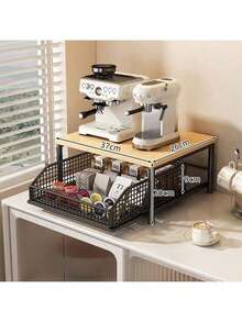 Multi-Tier Pull-Out Kitchen Storage Rack With Drawers - Space-Saving Countertop Organizer For Microwave, Oven, And Air Fryer - Sturdy Metal Frame, Easy Assembly, Clutter-Free Design, Practical Shelving - Đen 2 lớp - Xem 2