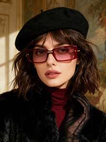 1pc Retro Rectangular Women Fashion Glasses, High-End Street Style Classic Fashion Glasses - Wine-red Frame Gradually Turns Red. - View 2