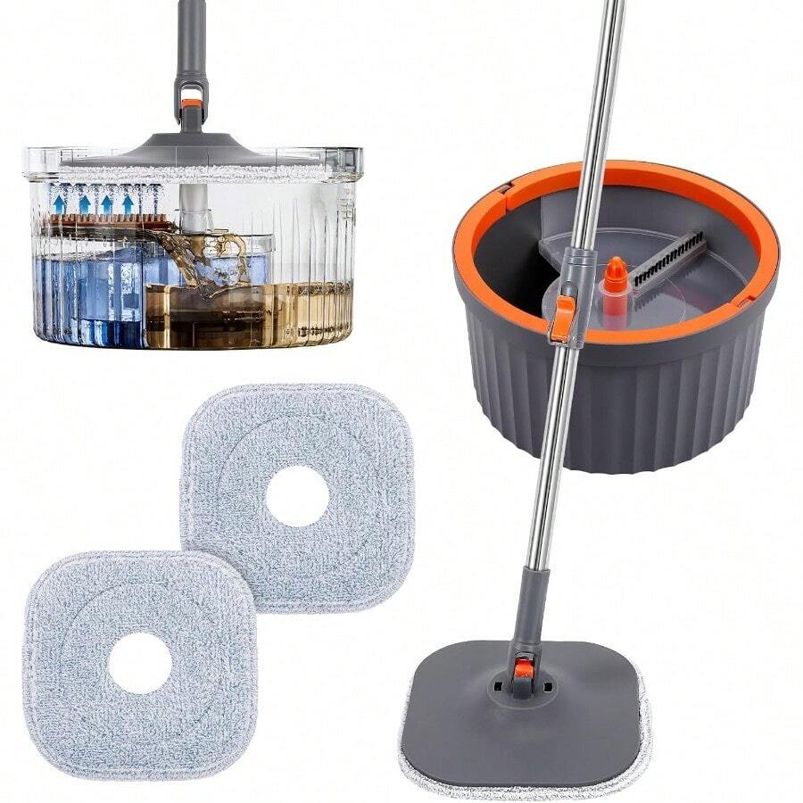 Mop And Bucket Set,Spin Mop And Bucket Set With Separate Dirty And Clean Water,2 Replaceable Mop Pads,Deep-Cleaning Mops For Floors, Versatile Mops For Walls - Bộ lau nhà kèm 2 miếng lau. - Xem 1