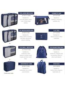 10件套旅行收纳袋,可折叠行李打包袋,大容量衣物收纳袋,束口袋,旅行配件收纳包,适用于化妆刷、卫生巾、口红、化妆品、牙刷、肥皂、梳子、珠宝、电子产品等,化妆包,旅行必备 - 藏蓝色 - 查看 10