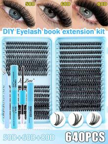 MEM 640pcs Cluster False Eyelashes, Thick Curly Eyelash Extension Kit, D-Curl 8-16mm Mixed Length, DIY Eyelash Extension Set, DIY Lower Lash Extension Tutorial, Fluffy Soft Individual Lashes, Create Voluminous Natural Y2K Butterfly Makeup, Easy DIY Long-Lasting Eyelash Glue, DIY Makeup Remover, DIY Eyelash Tweezers, Eyelashes, False Eyelashes - màu đen - Xem 3