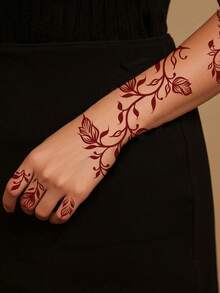1pc Flower Hanne Tattoo Stickers For Women, Hand ,Leg And Body Art Disposable Temporary Tattoos ,For Women Fake Henna Stickers Waterproof For Festival Wedding Body Art - Burgundy - View 2
