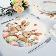 2/4/6pcs Happy Spring Easter 2 Brown Bunny Egg Element Placemats, Easter Eggs & Flowers Seasonal Dining Table Decor, Spring Holiday Placemats Suitable For Home Party, Kitchen Decoration